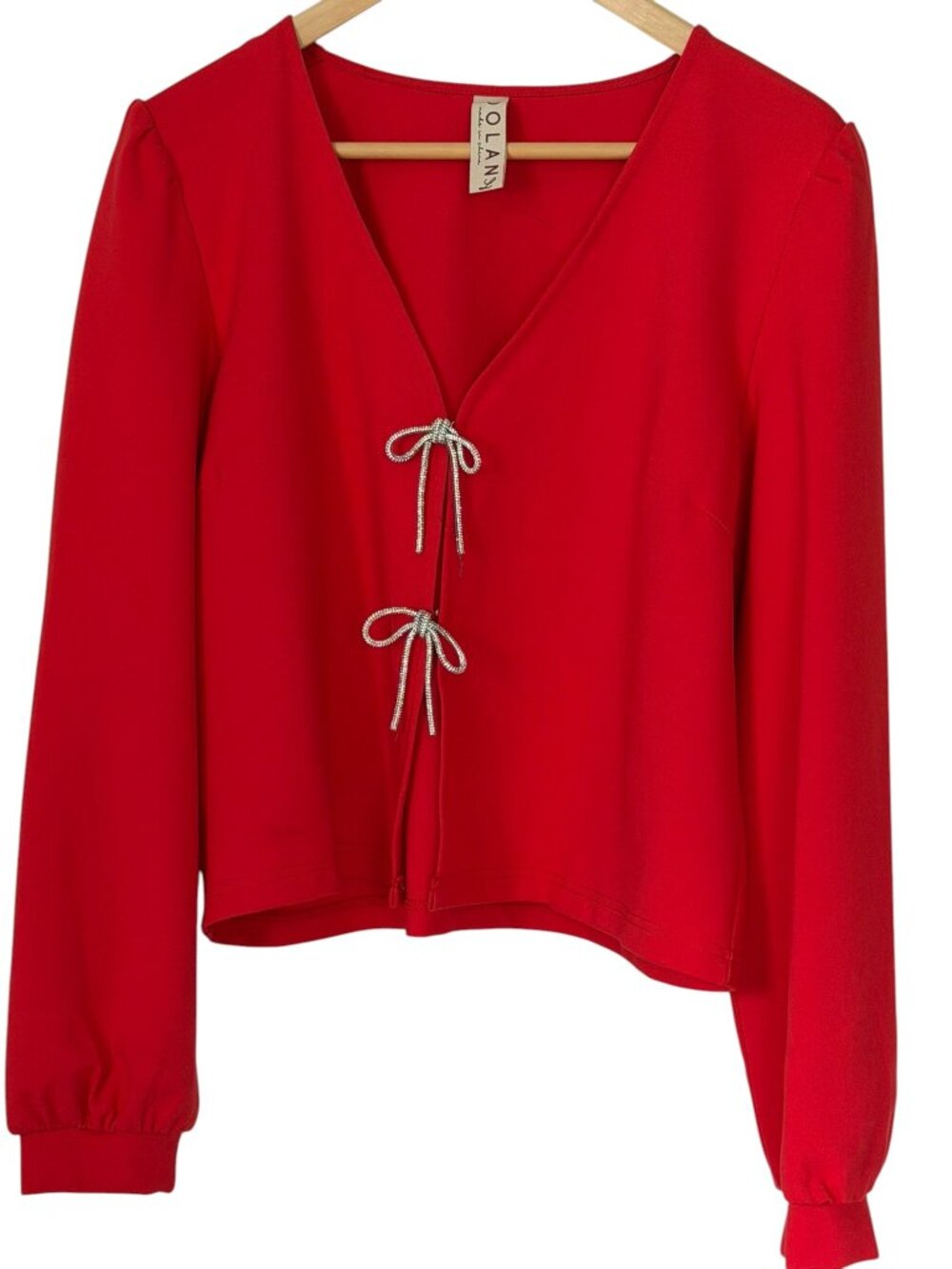 Anthropologie Dolan Red Rhinestone Bow Front V-Neck Cardigan Long Sleeve Top L